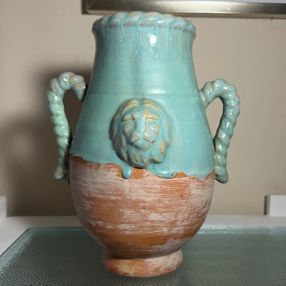 Terracotta Lion Head Vase Turquoise Drip Glaze Twisted Handle Amphora 11.25